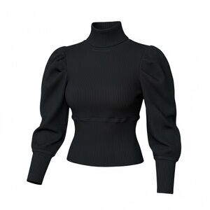 Free People Ribbed Mock Neck Puff Sleeve Top Black Crop Small Chic Elegant